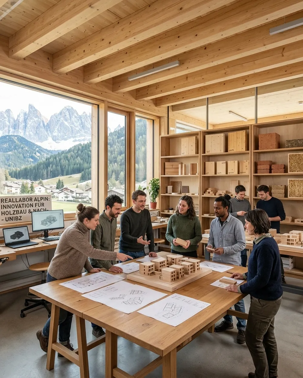 Gruppe an einem Arbeitstisch mit Plänen und Baumodellen