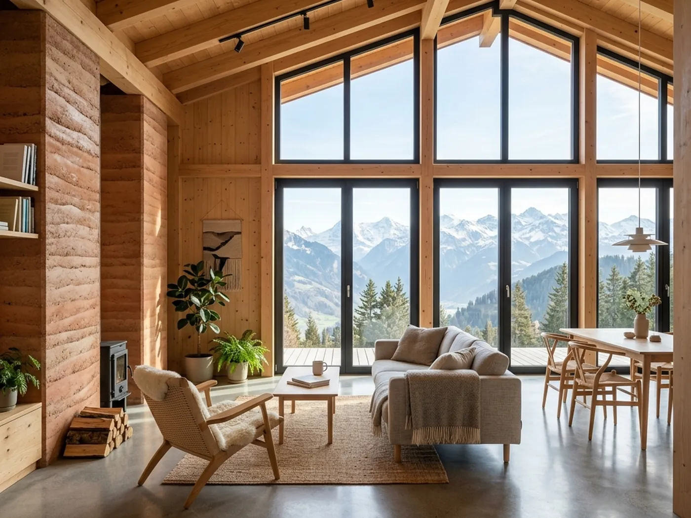 Heller Innenraum mit Holzwänden und großen Fenstern