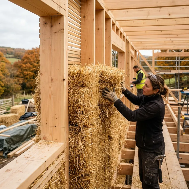 Strohballen werden in eine Holzrahmenwand eingesetzt