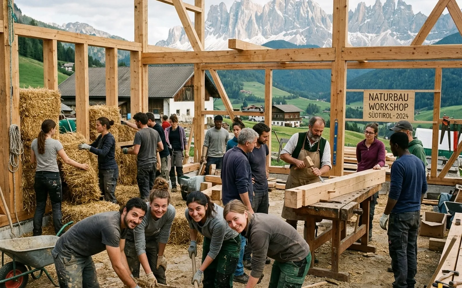 Workshopgruppe mischt Lehm an einem Arbeitstisch im Freien